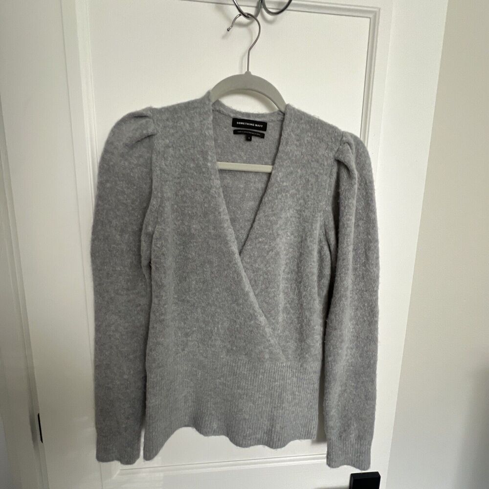 Something Navy Women’s Sz S‎ Puff Sleeve Wool Blend Sweater Grey Crossover Vneck